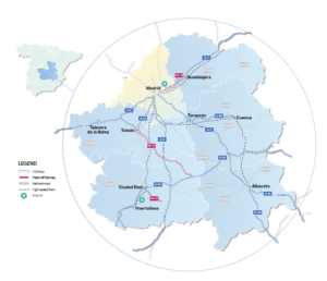 Recarga de vehículo eléctrico en Castilla-La Mancha_mapa red de carreteras